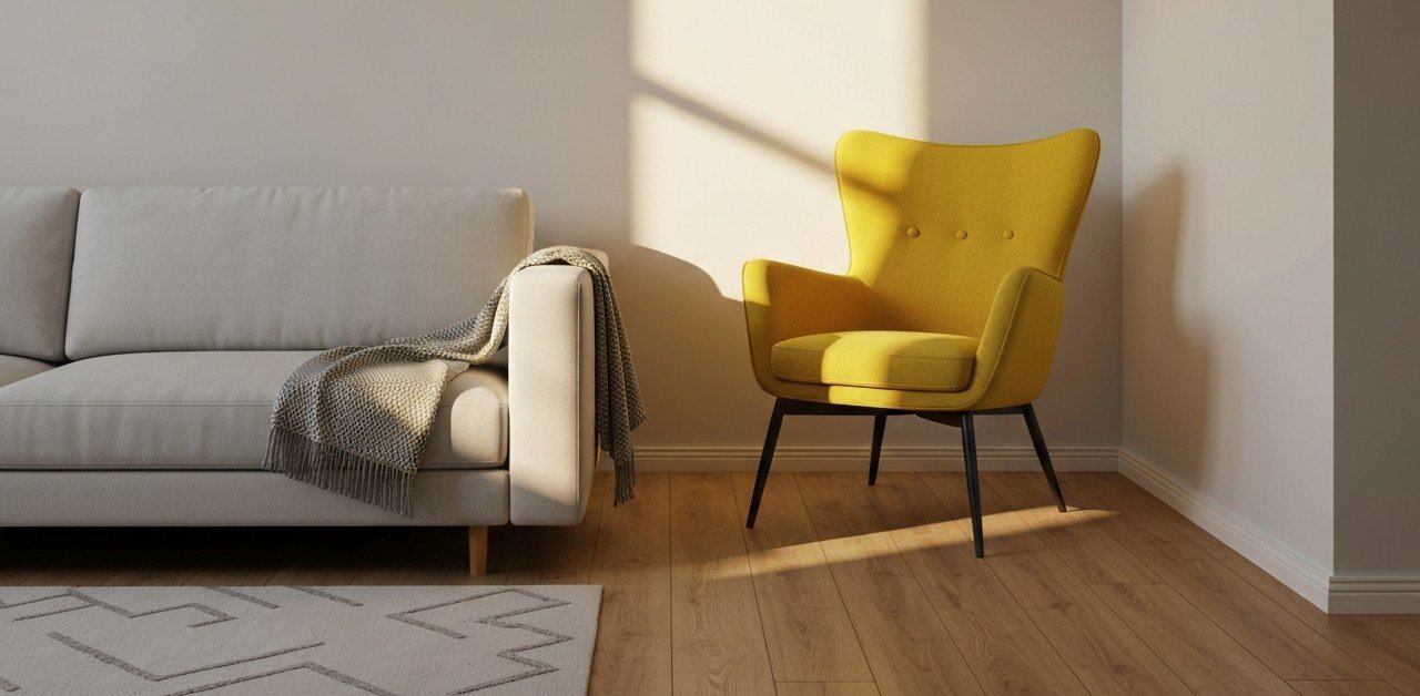 Bright modern living room with soft daylight streaming through windows